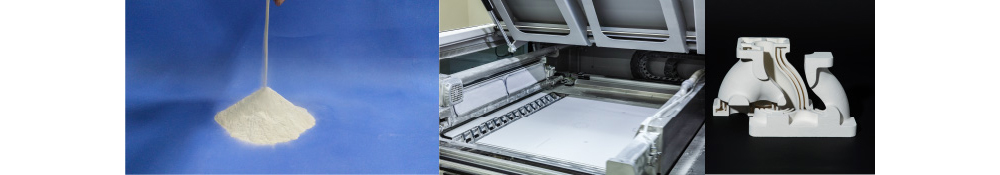 図2 3Dプリンター用セラミックス造形材「BRIGHTORB」
（左）BRIGHTORBの粉末、（右）3Dプリンティングした水冷式マニホールド形状の鋳造部品の鋳型

