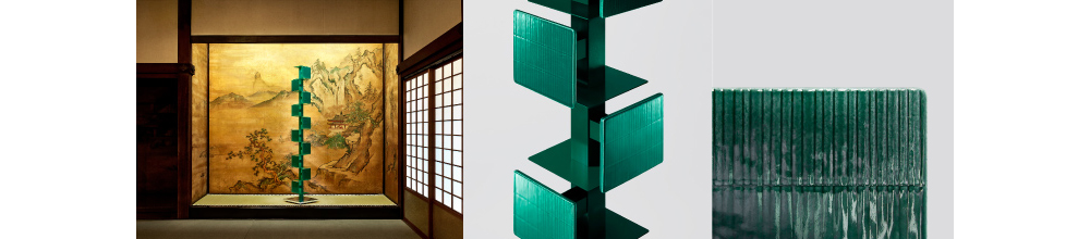 図4 フランク・ロイド・ライトの建築や装飾に見られる正方形のパネルから着想を得たデザインの照明「TALIESIN® ELEMENTS」
（左）遠景、（中）近景、（右）BRIGHTORBで制作したシェードのクローズアップ
