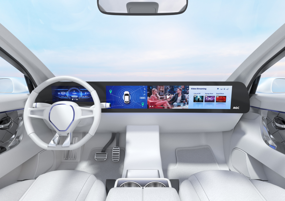 AAGC's vision for the interior of next-gen cars: High-res displays offer diverse info and create new experiences, all anchored in glass. 
