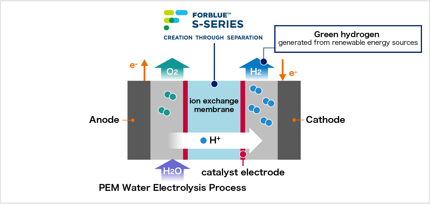 PEM water electrolyzers use ion exchange membranes to split water(H₂O) into hydrogen (H₂) and oxygen (O₂).