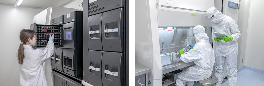 QC (Quality Control) Laboratory (left) and Cell Preparation Room (right) at our Cell Processing Facility 