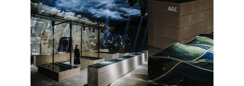 図3 2019年に開催されたミラノデザインウィークで披露したインスタレーション「Emergence of Form」
（左）Emergence of Form 展示の様子、（右）BRIGHTORBで制作した水面の波紋を表現した作品
