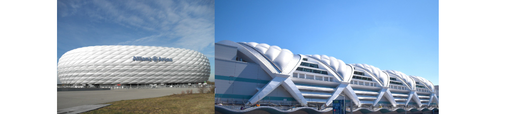 図2 建築用資材としての採用例
（左）ドイツのAllianza Arena、（右）東京国際空港（羽田空港）第2ターミナル国際線施設
