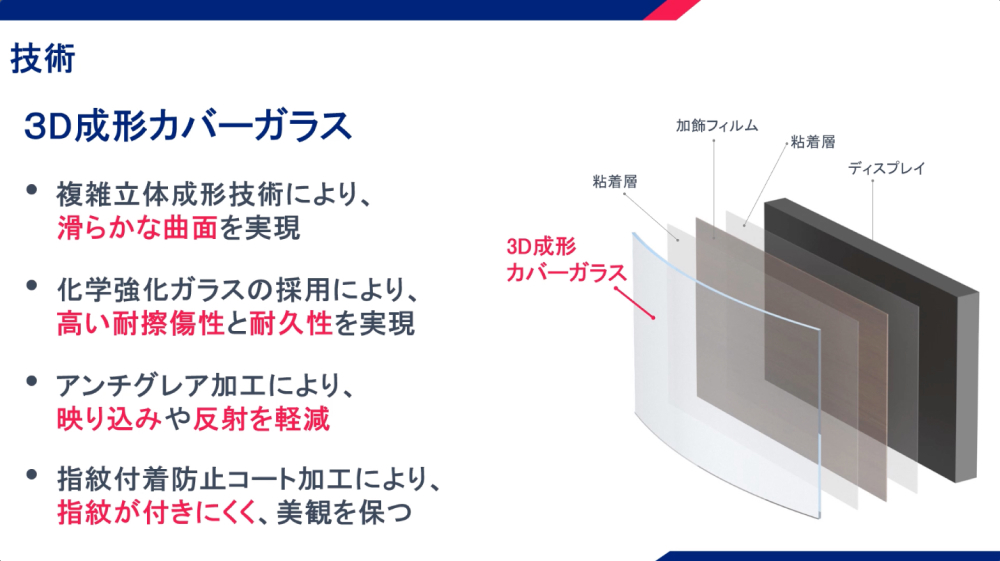 ”曲げ”の技術を活かした「車載ディスプレイ用加飾カバーガラス」の特徴