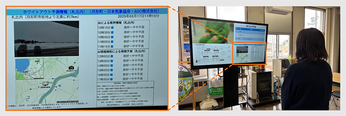 ホワイトアウト予測情報のデジタルサイネージ（月形町役場1階ロビー）